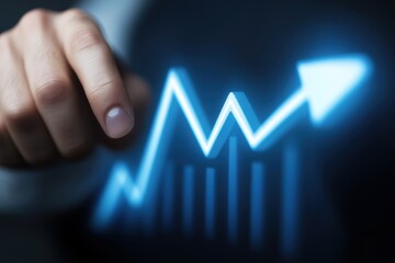 Poster - A hand confidently points at a glowing upward trend graph, symbolizing substantial growth and remarkable success in both business ventures and personal development journeys that inspire achievement