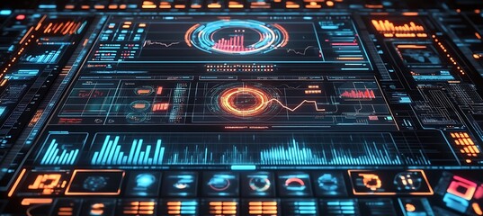 Poster - An abstract digital interface with data charts and graphs