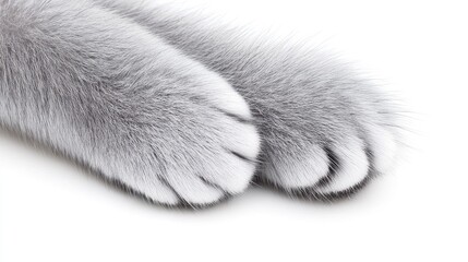 Wall Mural - Captivating close-up of adorable gray cat paws with fluffy fur highlighting their delicate beauty against a clean white backdrop