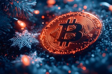 Poster - Bitcoin shines brightly in a festive christmas setting with snowflakes and lights