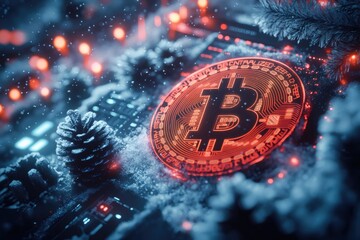 Fototapete - Red glowing bitcoin is lying on snowy circuit board next to pine cone and christmas tree branch, suggesting connection between christmas and cryptocurrency
