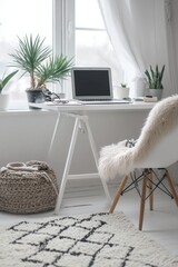 Canvas Print - White Home Office Workspace With Plants And Laptop