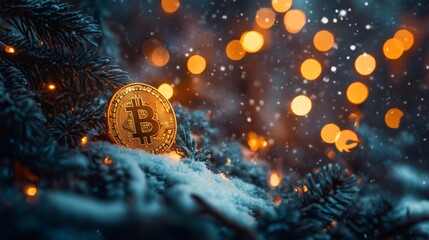 Poster - Bitcoin cryptocurrency golden coin resting on snowy pine branches with christmas lights glowing in background