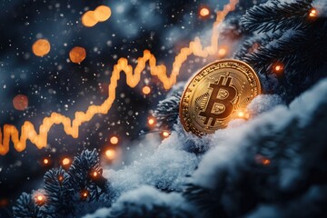 Poster - Golden bitcoin coin is lying on snow near christmas tree branch with lights and raising graph in background during snowfall