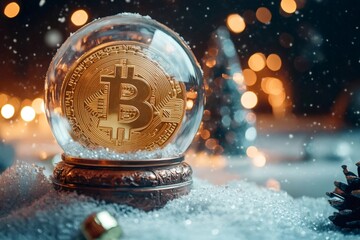 Poster - Golden bitcoin inside snow globe during christmas holiday season