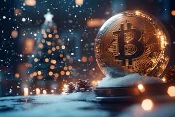 Poster - Bitcoin in snow globe celebrating christmas with falling snow and decorated tree