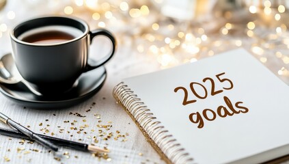 Aufkleber - A warm scene shows a steaming cup of coffee next to an open notepad labeled 2025 goals, symbolizing planning, ambition, and the journey of selfimprovement and achievement in life