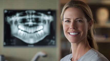 Poster - A dental professional smiles confidently in a modern clinic, showcasing advanced AI tools and a digital X-ray display. The environment reflects a commitment to patient care and innovative practices.