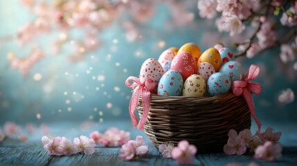 Poster - Easter eggs with ribbon in basket and blooming cherry tree branch celebrating spring holidays
