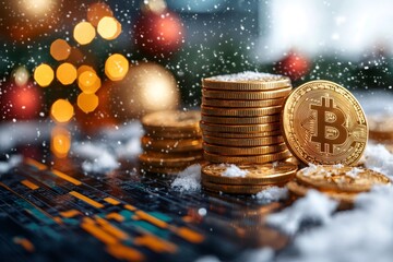 Poster - Bitcoin cryptocurrency stacked on financial chart during christmas season with falling snow