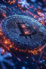 Poster - Frozen bitcoin resting on circuit board with snowflakes falling