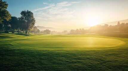 Wall Mural - A golf course's manicured fairway, outdoor setting with distant hills, Serene style