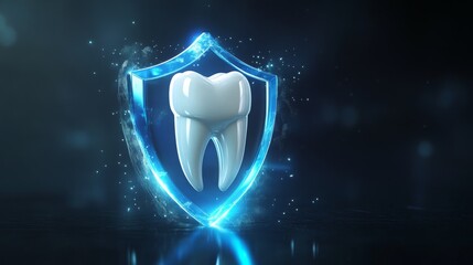 Poster - This illustration showcases a 3D tooth icon set within a blue shield, symbolizing the use of artificial intelligence to improve protection and safety standards in dental care.