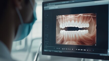 Fototapete - A dental professional reviews a digital x-ray of patient teeth on a computer screen. The advanced technology provides a detailed view for accurate diagnosis and treatment planning in dentistry.