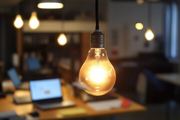 Aufkleber - A warm light bulb brightens a modern workspace with sleek laptops and organized bookshelves, embodying creativity and productivity, inspiring innovative ideas and a focused mindset
