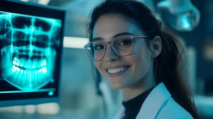 Fototapete - A dental professional reviews an advanced digital X-ray displaying teeth and jaw structure. The setting is modern, highlighting technology in dentistry. The atmosphere is friendly and professional.
