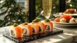 © FairValue Stock - A luxurious gourmet table spread with colorful sushi rolls, delicate appetizers, and a glass of champagne, all arranged artfully on a marble surface