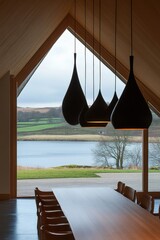 Canvas Print - Modern Dining Room With Lake View And Pendant Lights