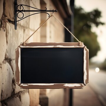 highly detailed, professional photograph of a vintage chalkboard-style sign, suspended from a distressed, worn wooden frame with rustic edges.
