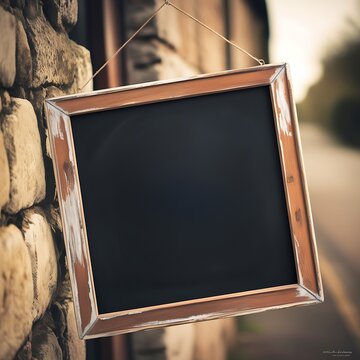 A highly detailed, professional photograph of a vintage-inspired chalkboard-style sign, suspended from a distressed, worn wooden frame with rustic edges.