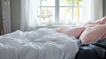 Canvas Print - White and Pink Linen Bedding Near Window