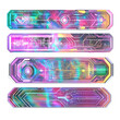 © Kristina - Four futuristic strip stickers featuring holographic effects, circuit board patterns, and vibrant digital accents, perfect for high-tech scrapbooking, isolated on transparent background