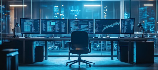 Poster - a high-tech office setup with multiple screens and modern furnishings