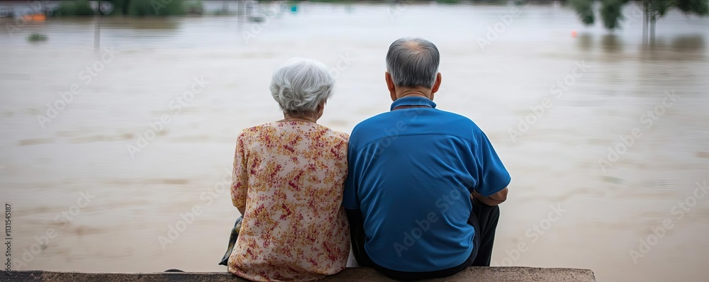 Elderly couple sitting on a rooftop waiting for rescue, flood disaster ...