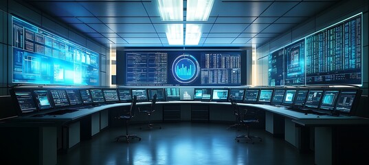 Poster - a high-tech control room with large screens displaying data