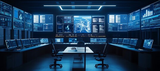 Poster - a high-tech control room with large screens displaying data