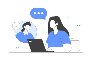 Poster - Female customer service agent talking with client and helping to solve his problems. Online customer support and helpdesk concept. Flat Cartoon Vector Illustration, icon. Stylish abstract Blue 