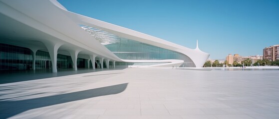 Wall Mural - A modern architectural marvel with sweeping white curves and vast spaces, basked in sunlight, contrasts against a clear blue sky.