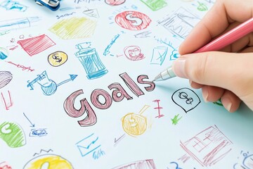 Poster - A hand skillfully inscribes the word Goals upon a beautifully colorful backdrop that is teeming with whimsical doodles, each representing various themes related to planning and selfimprovement