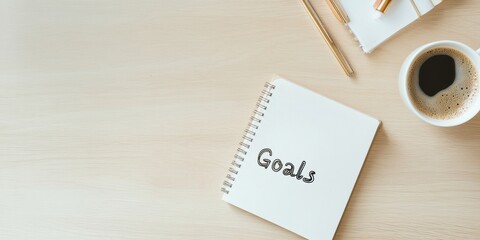 Poster - On a sturdy wooden desk, a notepad labeled Goals sits with a steaming cup of coffee and a sleek pen, embodying thoughtful planning and personal growth in this productive workspace