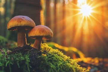 Wall Mural - Two red capped mushrooms growing amid green moss in a sunlit forest during autumn