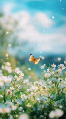 Wall Mural - butterfly gracefully flutters above a vibrant meadow under a bright blue sky with fluffy clouds