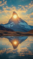 Wall Mural - Majestic mountain peak reflects in calm lake at sunrise with vibrant colors