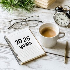 Aufkleber - In this cozy workspace, a 2025 goals notebook, steaming coffee, stylish glasses, an alarm clock, and a decorative plant symbolize goal setting and personal growth, emphasizing ambition and clarity