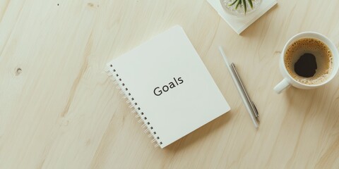 Poster - Imagine a cozy workspace with a notebook titled Goals, a silver pen, a steaming coffee cup, and a vibrant succulent, all promoting productivity and selfimprovement in a calm, inspiring setting