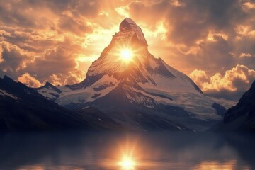 Wall Mural - Majestic mountain peaks illuminated by sunlight over tranquil water at dawn