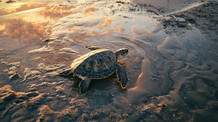 Poster - A majestic sea turtle moves effortlessly across gentle waves as the sun sets, casting a warm, golden glow on the sandy shore. The serene atmosphere showcases nature's beauty