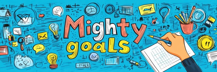 Aufkleber - This vibrant illustration emphasizes the importance of setting and achieving goals, featuring a hand writing in a notebook surrounded by various planning elements to inspire creativity and motivation