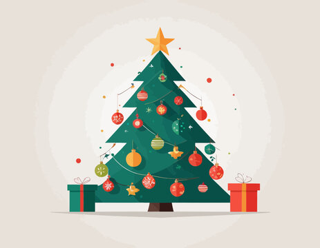 Merry Christmas banner with decorated christmas tree