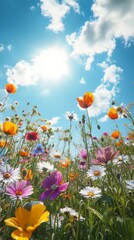 Poster - Bright flowers bloom under a sunny sky on a clear day in spring