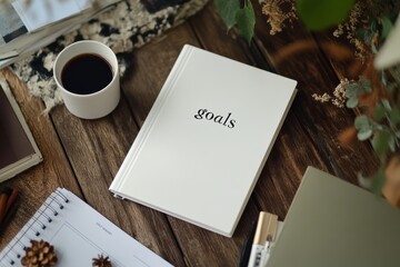 Aufkleber - A minimalist flat lay shows a notebook labeled goals, a steaming coffee cup, and essential planning tools, set against natureinspired elements that evoke tranquility and inspiration