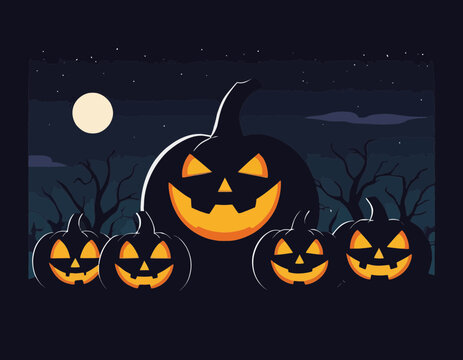 Happy Halloween poster banner night scene with halloween pumpkin smiley face and festive decoration for Trick or Treat Celebrations, Holiday Parties.