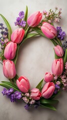 Poster - Delicate floral wreath with pink tulips and purple blooms on wooden surface