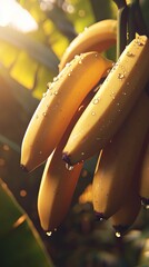 Canvas Print - Ripe yellow bananas on a tree with water droplets. (1)