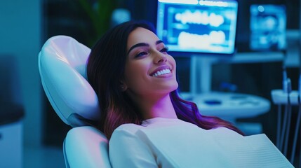 Poster - A patient relaxes in a dental chair, smiling as advanced technology surrounds her in a modern clinic. This setting showcases the blend of comfort and efficiency in contemporary dental care.