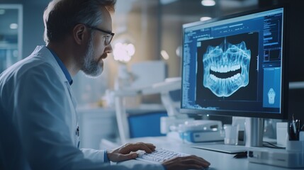 Poster - A dental professional focuses intently on a computer screen displaying a detailed dental imaging.
